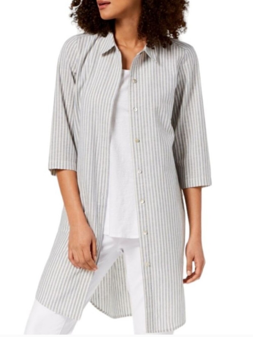 Eileen Fisher Striped Shirt Dress Hemp Organic Cotton Swim Cover Tunic Airy M